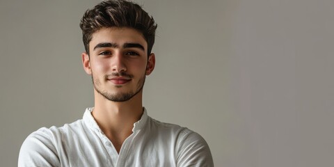 Obraz premium Confident Young Man Posing Against a Neutral Gray Background for Professional Profiles