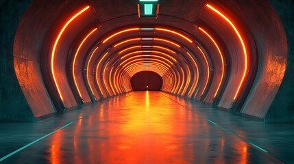 Futuristic Tunnel with Orange Neon Lights 3D Illustration