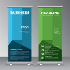 Roll up banner stand template design, Vertical banner template with blue and green colour, standee for modern advertising, event, welcome, vector illustration