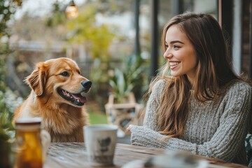 Happy woman with dog talking to her friend at dining table on terrace, Generative AI