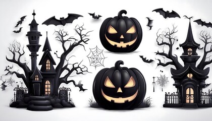 Set of Halloween Silhouettes Featuring Black Icons and Characters, Including Classic Symbols Like Pumpkins, Bats, Witches, and Ghosts, Ideal for Spooky Themed Designs and Illustrations