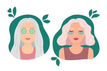 Senior Women Relaxing with Skincare Treatments – Cucumber and Eye Patches, Vector illustration