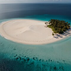 Aerial shot of a crescent-shaped island with soft white sands and clear turquoise waters, bordered by palm trees swaying gently in the tropical breeze under a bright sky