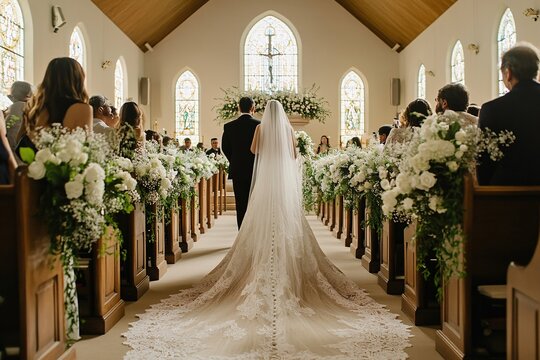 Bride in a stunning lace gown walks down an elegant aisle adorned with flowers in a beautiful church during a wedding ceremony