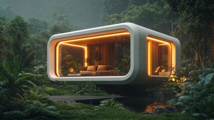 Futuristic cube home with dark concrete walls and slim windows, floating above a minimalist garden, surrounded by holographic elements, Futuristic style, Neon lighting