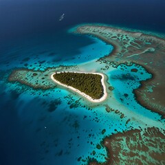 Aerial shot of a crescent-shaped island with soft white sands and clear turquoise waters, bordered by palm trees swaying gently in the tropical breeze under a bright sky