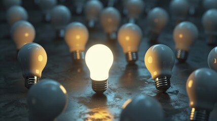 A single glowing light bulb stands out among many unlit bulbs