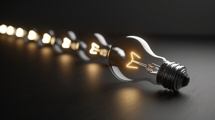 A row of glowing and unlit light bulbs lies on a dark surface