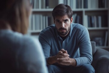 Sad man having counseling with psychotherapist at mental health center, Generative AI