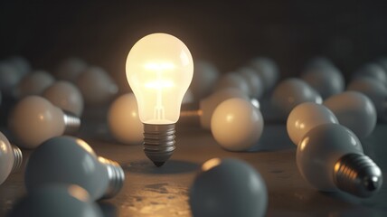 A glowing light bulb stands upright amidst several unlit bulbs scattered on a dark surface