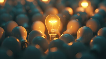 A glowing light bulb stands upright amidst several unlit bulbs scattered on a dark surface