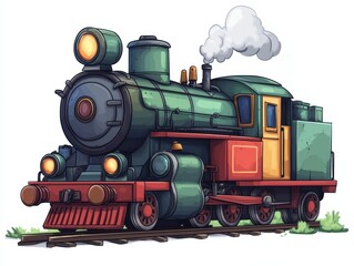 Fototapeta premium Colorful cartoon steam locomotive, white isolate background