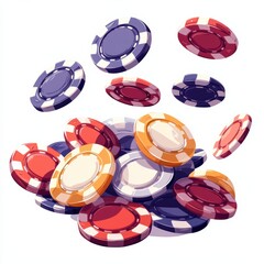 Colorful casino chips scattered on a white isolated background.