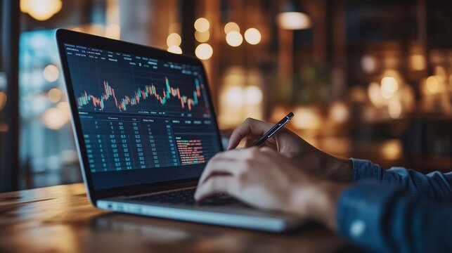 Analyzing stock market trends on a laptop in a cozy cafe during the evening hours - Powered by Adobe