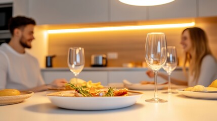 Fototapeta premium A couple of a man and woman sitting at the table with plates, AI