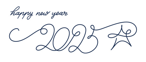 2025 numbers continuous line art banner. Template New Year border lettering, 2025 with heart one line art, hand drawn continuous contour. Vector New Year hand writing text, linear style, minimal.