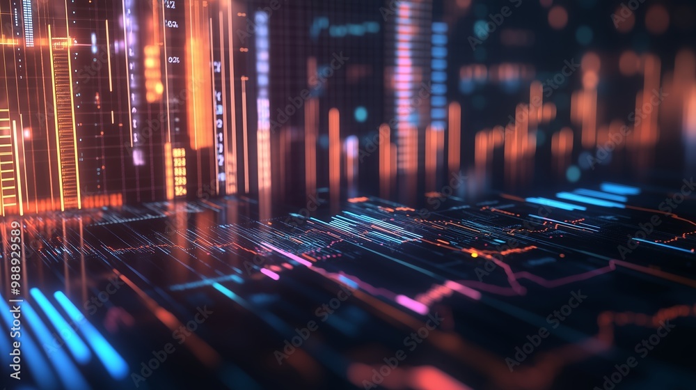 Poster futuristic digital landscape with vibrant lines and patterns illustrating data flow and connectivity