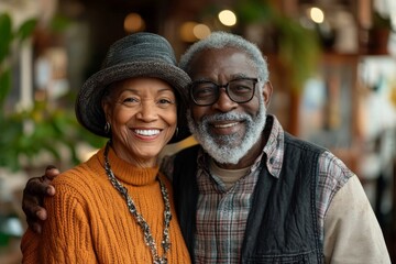Fototapeta premium Happy senior couple at independent living community looking at camera, Generative AI