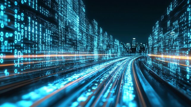 A futuristic highway flows through a city filled with towering digital binary edifices, illustrating the ideas of big data, machine learning, artificial intelligence, hyperloop developments, virtual r