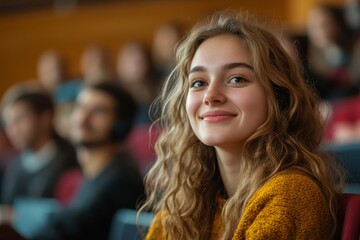 Happy female college student in lecture hall looking away, Generative AI