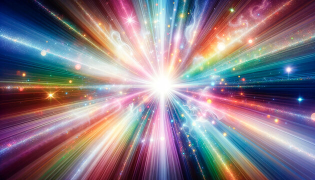 A composition where vivid rainbow-colored rays of light radiate from a central point. Generative AI.