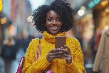 Happy black woman texting on cell phone while shopping in city, Generative AI