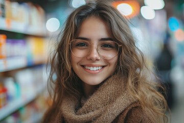 Happy woman buying in pharmacy and looking at camera, Generative AI
