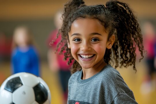 Elementary student practicing with soccer ball during physical education class at school gym, Generative AI