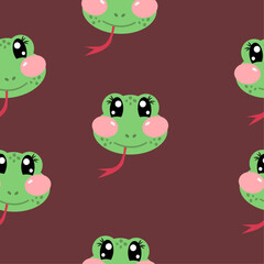 Cute kawaii snakes seamless pattern for kids on brown background