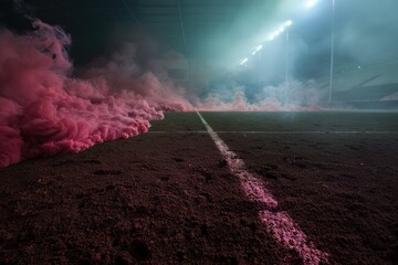 Obraz premium Burgundy smoke seeps over the dark soil of a quiet football pitch.
