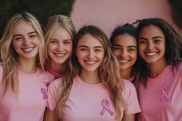 Group of Women Wearing Pink T-Shirts and Breast Cancer Awareness Ribbons supporting breast cancer awareness