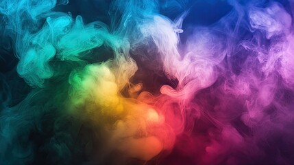 Obraz premium Multicolored rainbow smoke swirls through a thick, dark black haze, creating a vivid and surreal design with bold color contrasts.