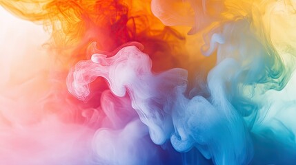 Rainbow-colored smoke with red, orange, blue, and green streams blend with soft white smoke against a light backdrop, creating a surreal effect.