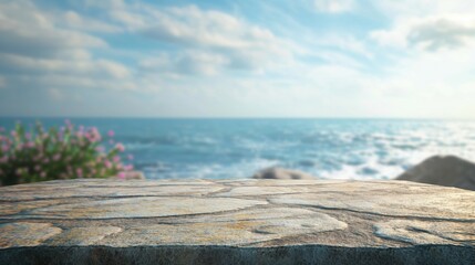 Stone marble table on blurred sea background. Rock stand product display. Natural rough beige stone pedestal on ocean nature landscape with empty space. Cosmetic beauty product placement scene