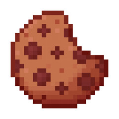 cookie pixel art, chocolate chip cookie, biscuit, 90s, 80s, old arcade game style item, icon for game, mobile app, 8 bit, vector illustration