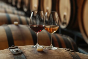 Glasses of red and white wine on barrel in cellar. Taste on winery. Two wineglasses on rustic oak wine barrel. Winemaking. Tuscany. Bordeaux. Merlot