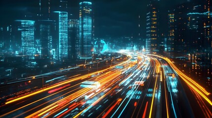 Aerial top view of smart modern transportation with Expressway, Road and Roundabout, busy highway traffic night time. Communication network and traffic light on highway .Concept of smart city network,