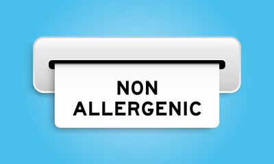 White coupon banner with word non allergenic from machine on blue color background