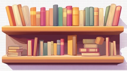 Minimalistic Pastel 2D Wooden Bookshelf with Many Books on Transparent Background