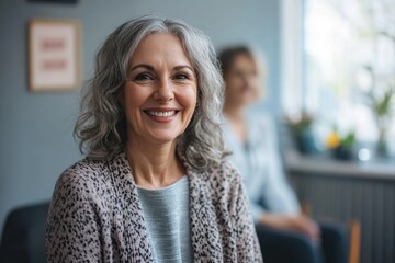 Fototapeta premium Happy senior woman greets her doctor in waiting room at medical clinic, Generative AI