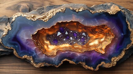 Fototapeta premium Epoxy resin geode design on a wooden table, layers of purple and gold resin encasing a core of sparkling crystals, the resin blending seamlessly with the natural wood grain,