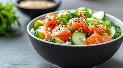 Fresh Salmon Salad Bowl with Vegetables and Herbs
