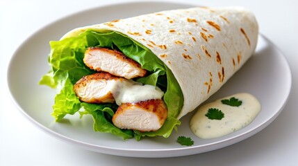 Fresh Chicken Wrap on a White Plate with Sauce