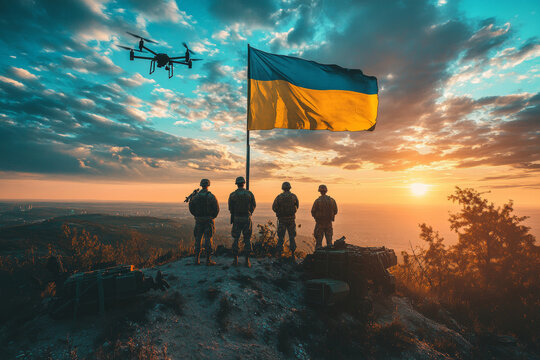 A group of Ukrainian soldiers stands triumphantly on a hill at sunset, raising their national flag while a drone flies overhead, symbolizing the end of conflict and a potential peace plan.