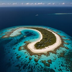 Aerial shot of a remote island surrounded by vivid blue and turquoise waters, with coral reefs clearly visible beneath the surface and sandy beaches lining the coast