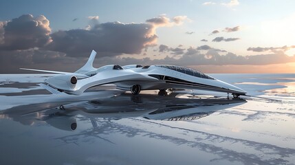 Fototapeta premium Futuristic aircraft sits on a runway, with its reflection in the water below. The sky is filled with clouds, and the sun is setting in the distance.