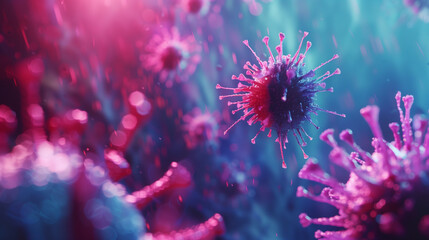 Close up on pandemic virus antibodies and viral infection under the microscope. 