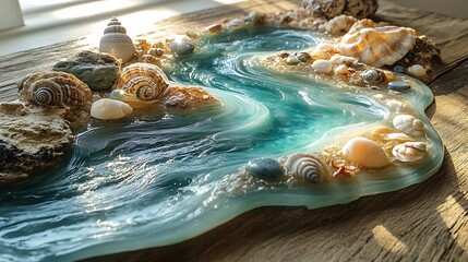 Epoxy resin tide pool design on a wooden table, featuring clear blue and green resin with embedded stones and seashells, creating a realistic tide pool effect,