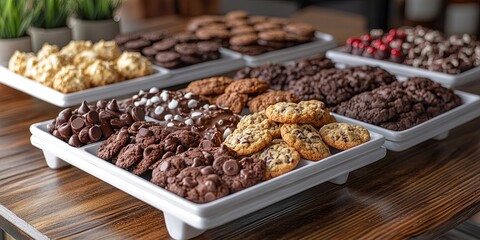 Fototapeta premium A Varied Selection of Chocolate Chip Cookies and Other Delectable Treats, Perfectly Arranged on White Platters, Ready for Sharing and Savoring