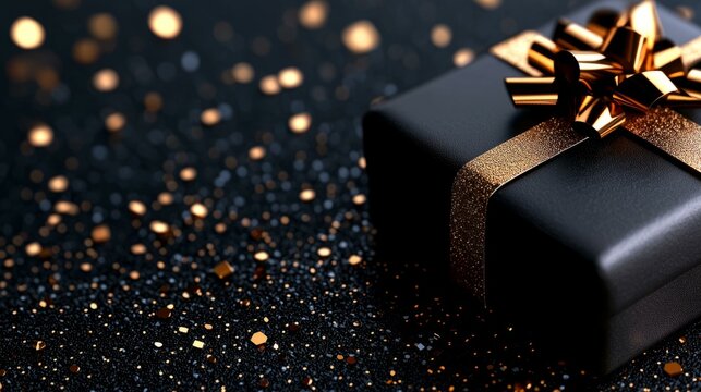 Elegant black gift box with golden ribbon and confetti on dark background.